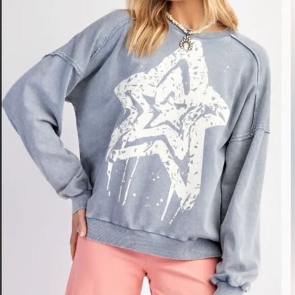 easel Tops - NEW EASEL Blue and White STAR PRINT WASHED TERRY KNIT PULLOVER Size LARGE